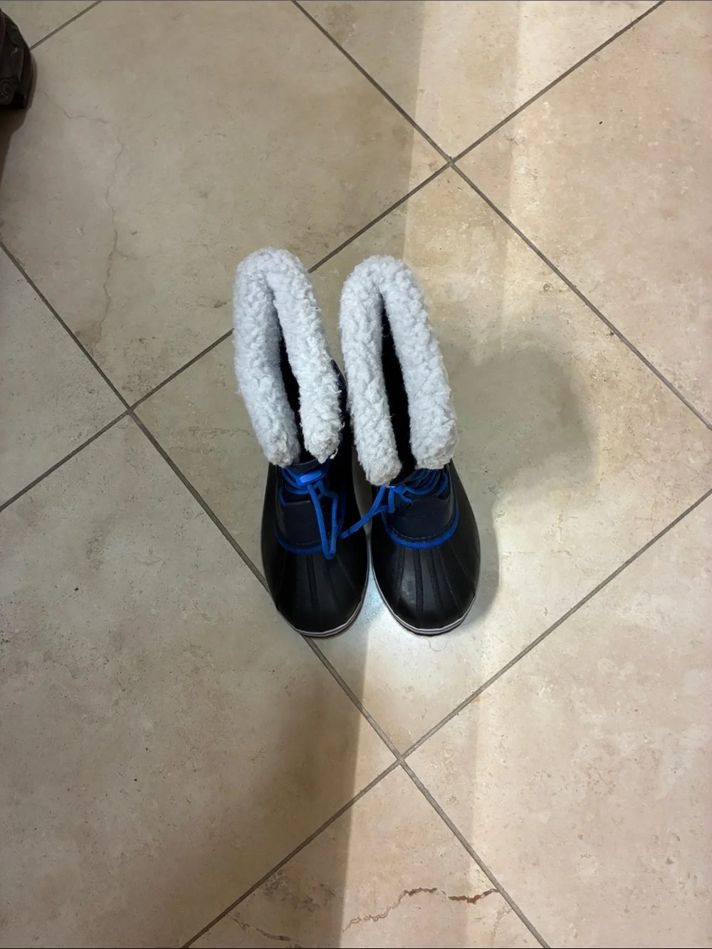 Sorel Black/Blue Yoot PAC Nylon Winter Boots White Fleece Cuff Sz 7